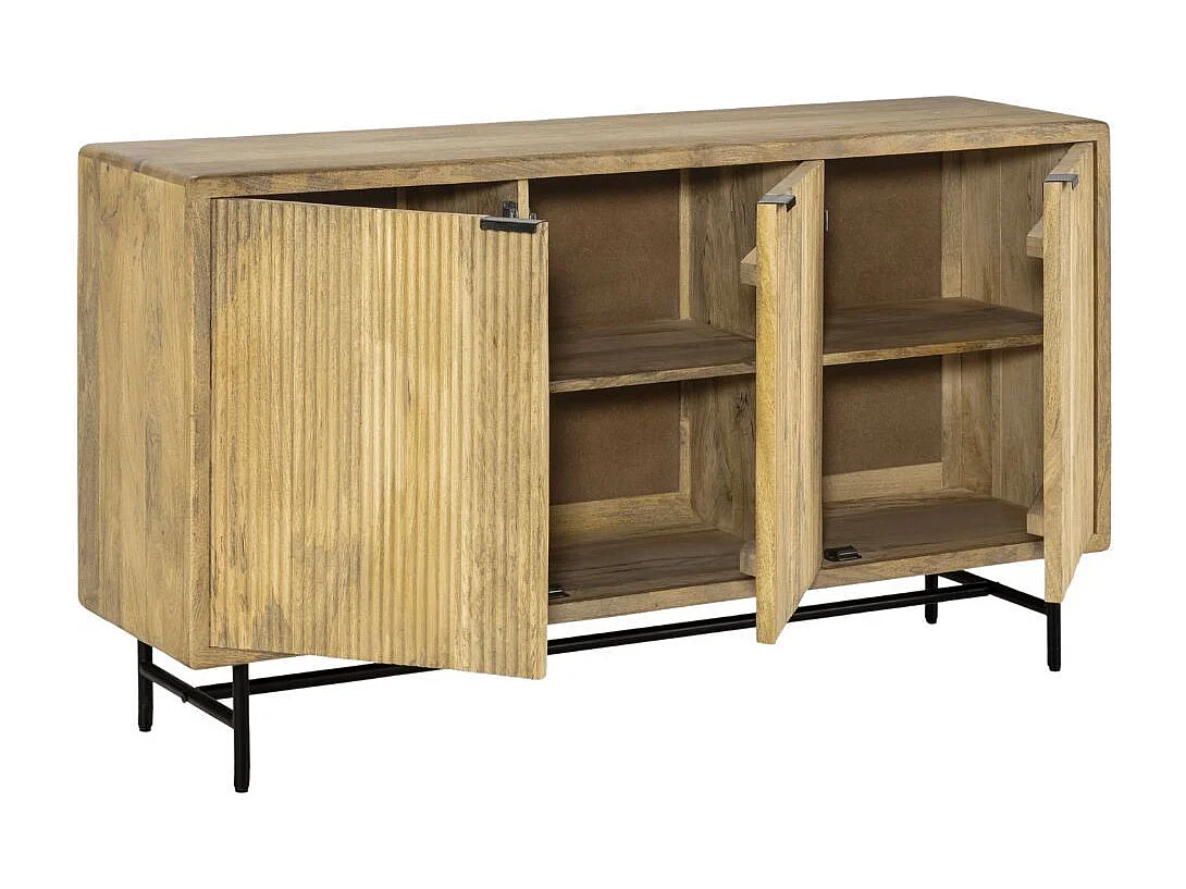 Buffet 3 portes en manguier massif relief graphique vertical piètement métal laqué noir - MELKA