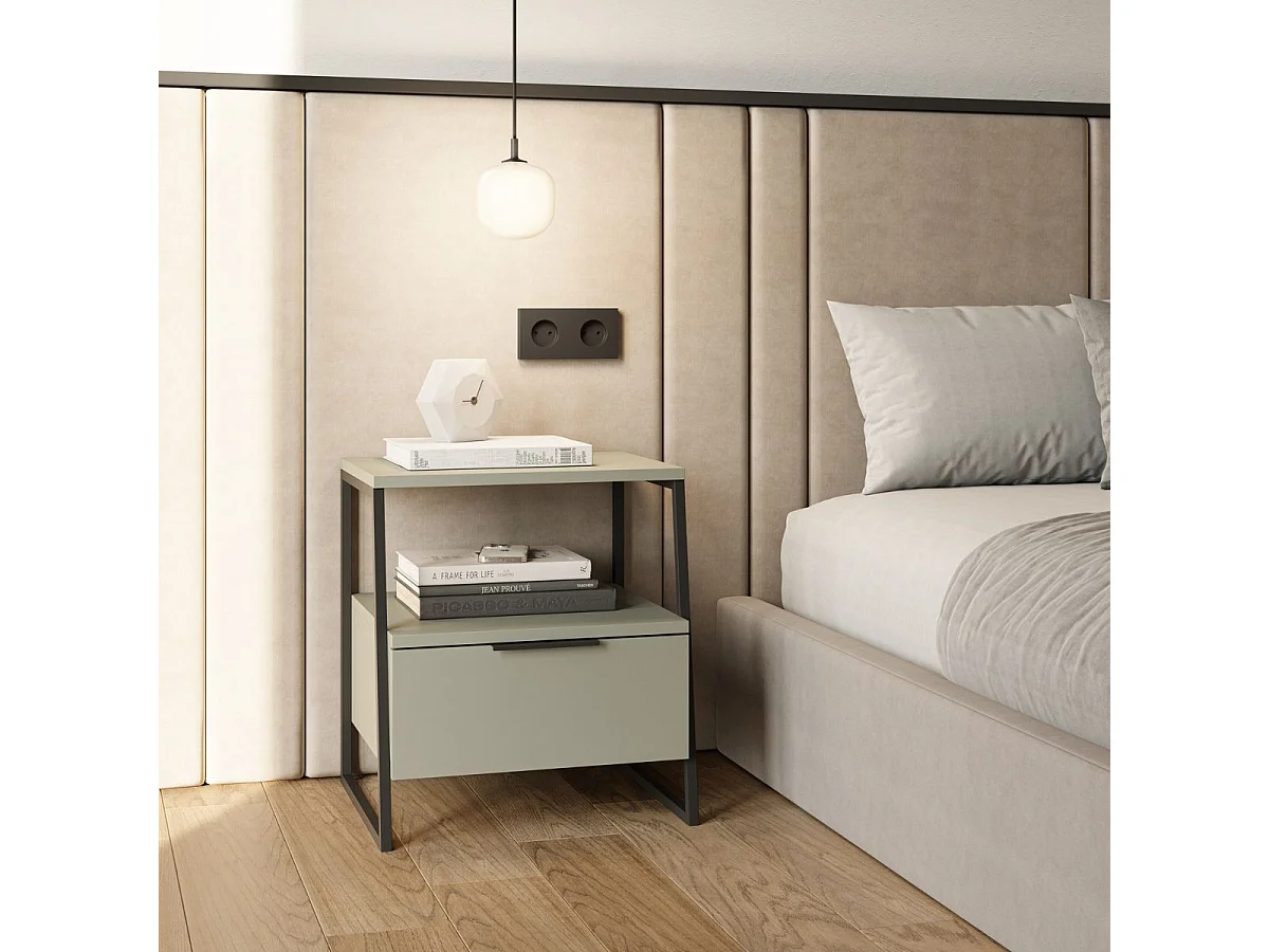 Chevet 2 niveaux avec 1 tiroir en mélaminé vert sauge et structure en métal laqué noir - VELIANI