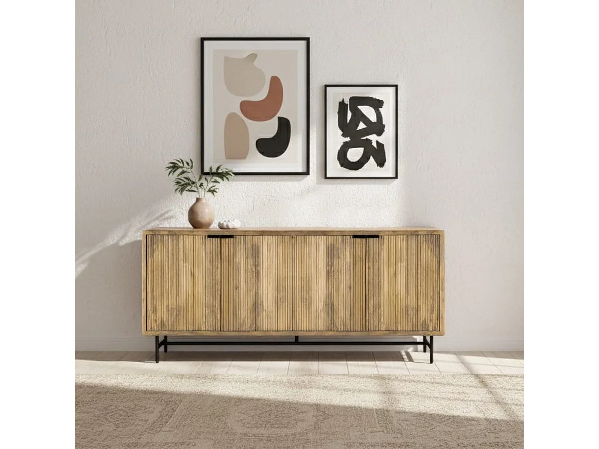 Buffet 4 portes en manguier massif relief graphique vertical piètement métal laqué noir - MELKA