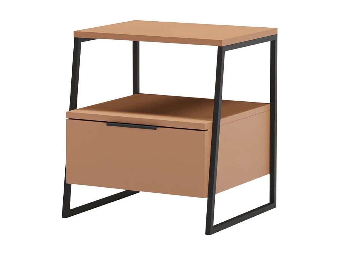 Chevet 2 niveaux avec 1 tiroir en mélaminé terracotta et structure en métal laqué noir - VELIANI