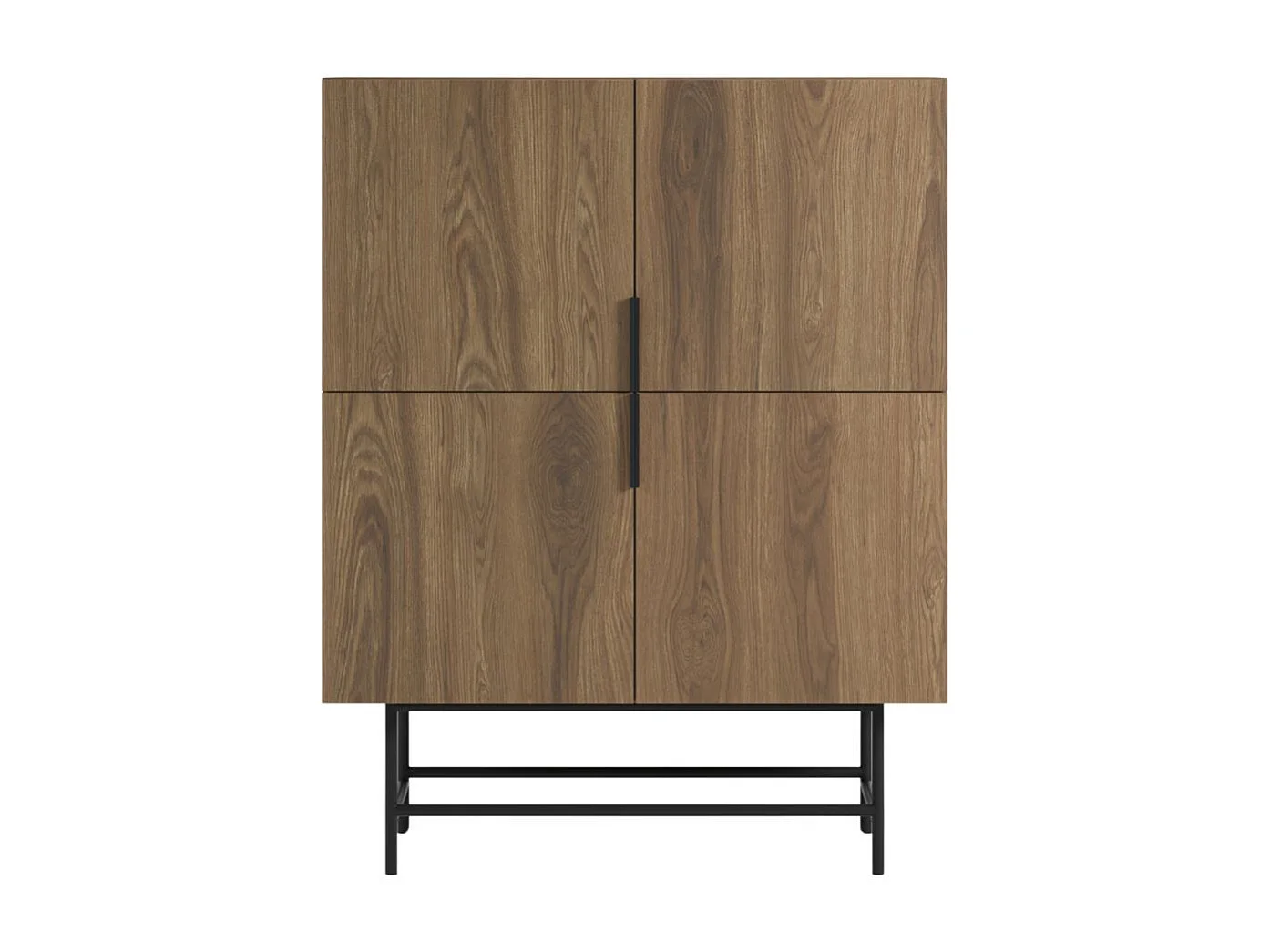 Meuble de rangement 4 portes en mélaminé imitation bois et piètement et poignées en métal laqué noir - ALDINE