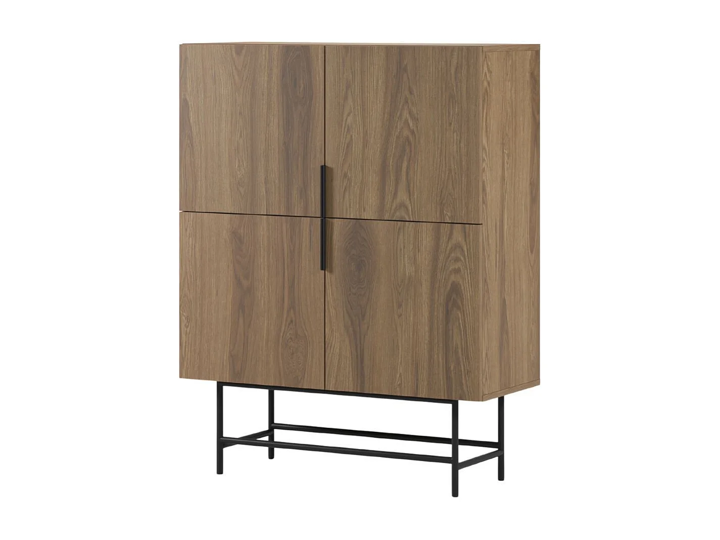 Meuble de rangement 4 portes en mélaminé imitation bois et piètement et poignées en métal laqué noir - ALDINE