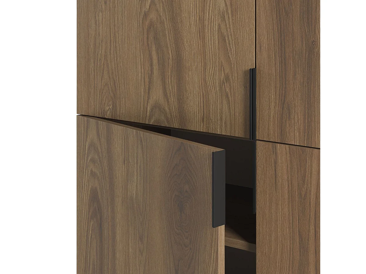 Meuble de rangement 4 portes en mélaminé imitation bois et piètement et poignées en métal laqué noir - ALDINE