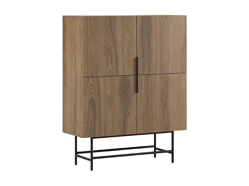 Meuble de rangement 4 portes en mélaminé imitation bois et piètement et poignées en métal laqué noir - ALDINE