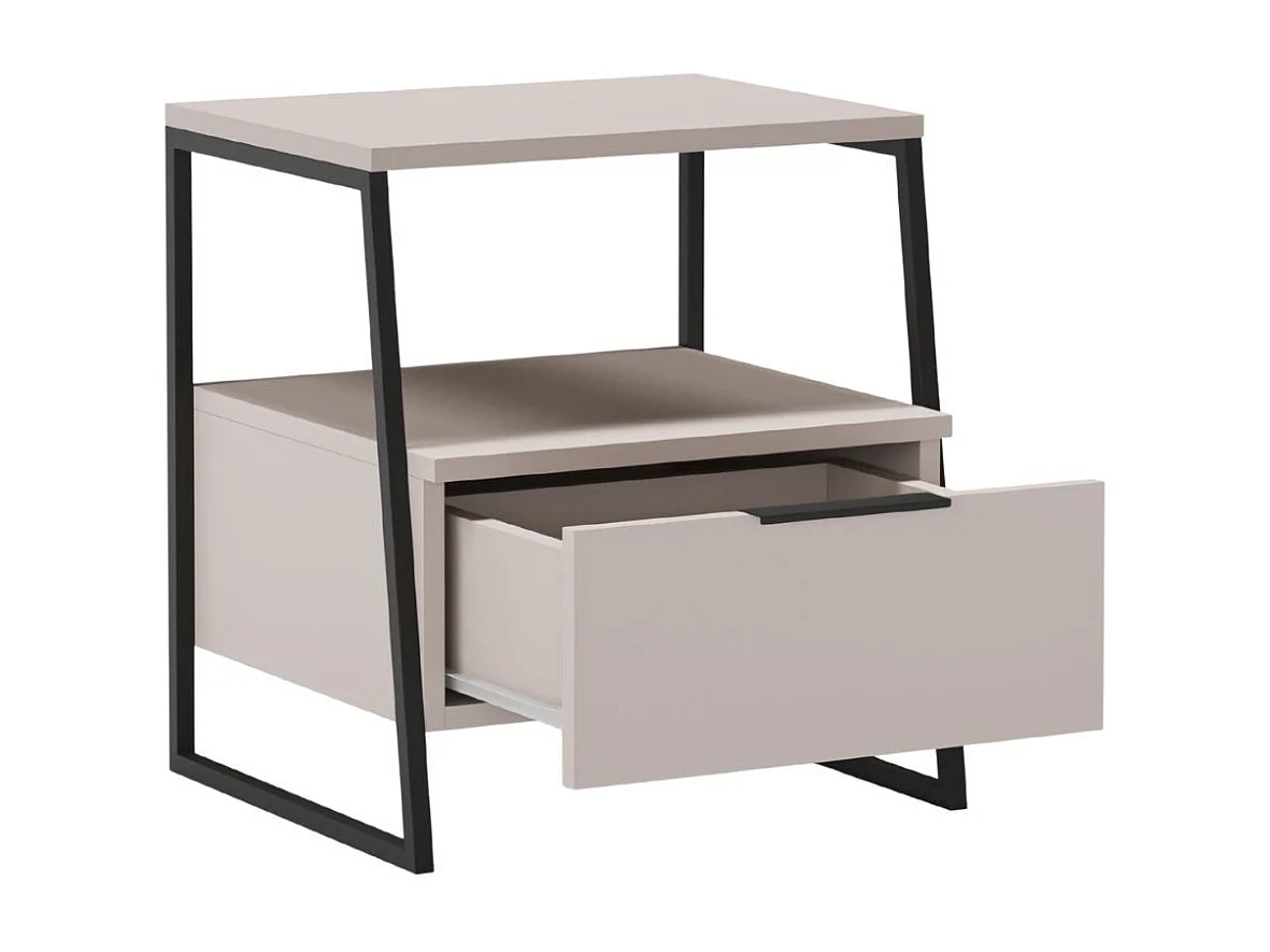 Chevet 2 niveaux avec 1 tiroir en mélaminé beige et structure en métal laqué noir - VELIANI