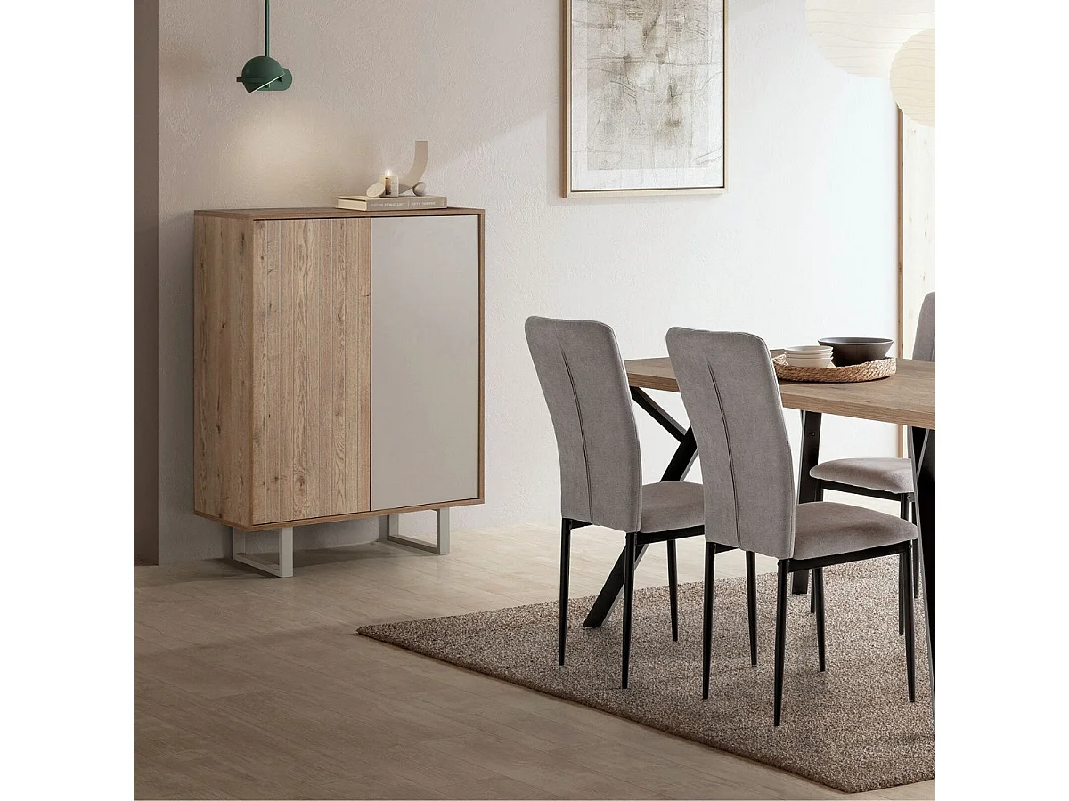 Meuble de rangement 2 portes en mélaminé imitation bois et beige piètement et poignées métal - MYRINE