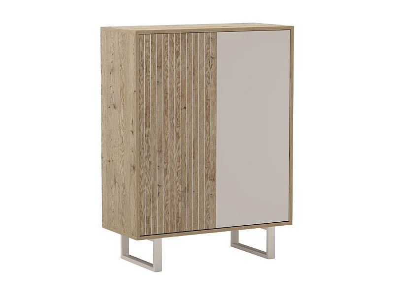 Meuble de rangement 2 portes en mélaminé imitation bois et beige piètement et poignées métal - MYRINE