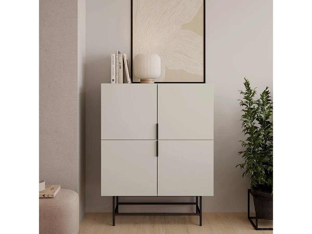 Meuble de rangement 4 portes en mélaminé beige et piètement et poignées en métal laqué noir - ALDINE