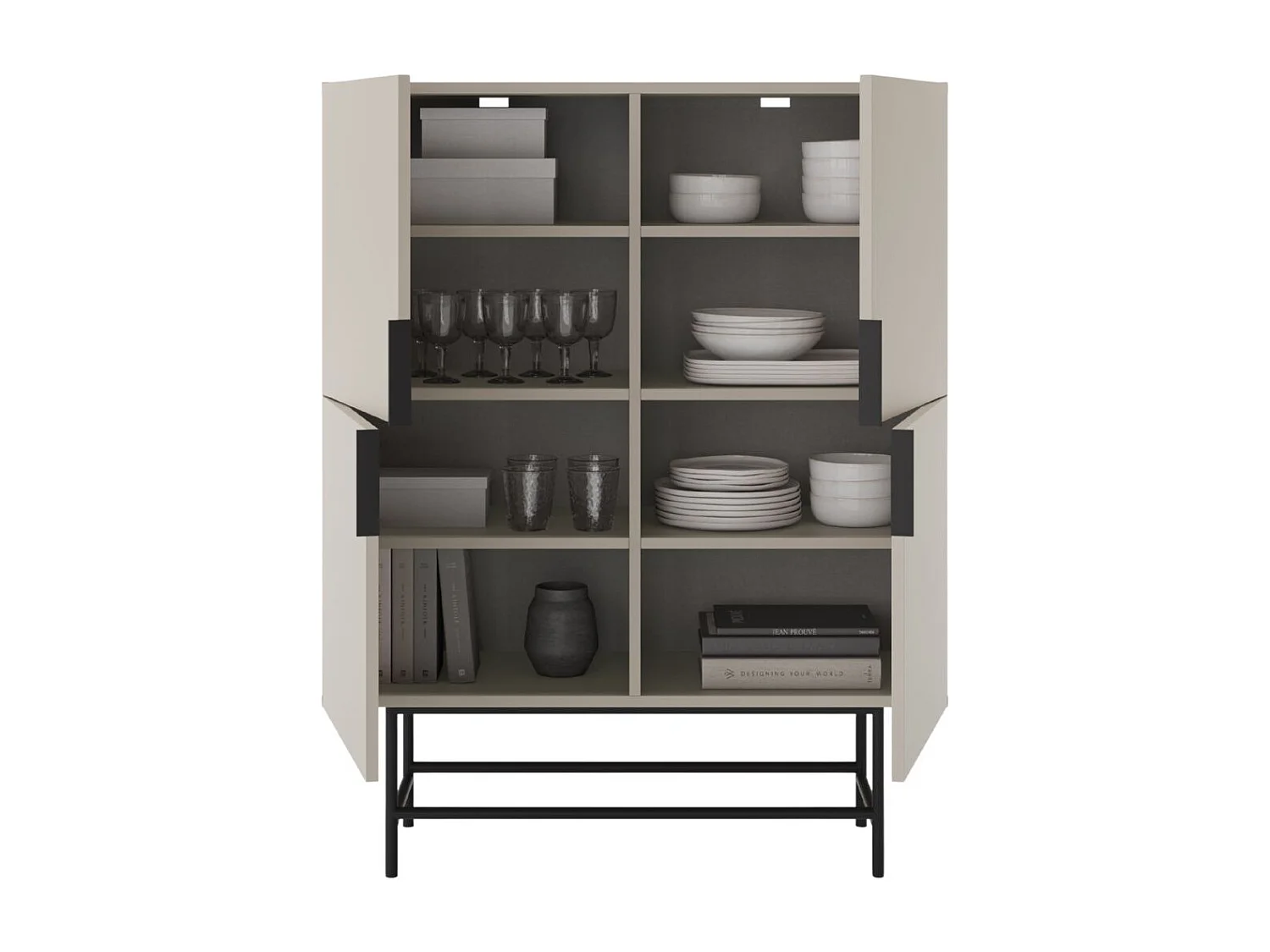 Meuble de rangement 4 portes en mélaminé beige et piètement et poignées en métal laqué noir - ALDINE