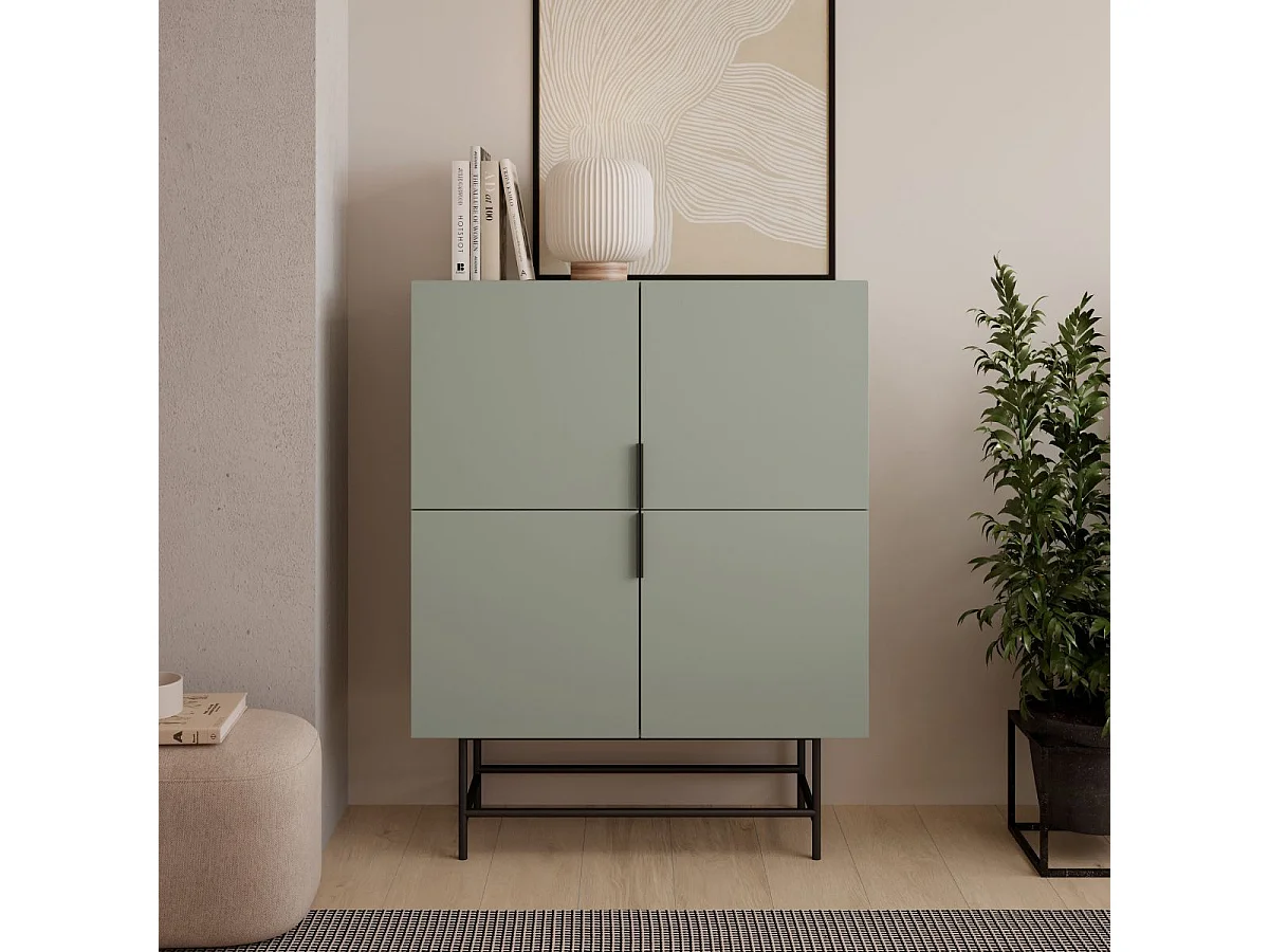 Meuble de rangement 4 portes en mélaminé vert kaki et piètement et poignées en métal laqué noir - ALDINE