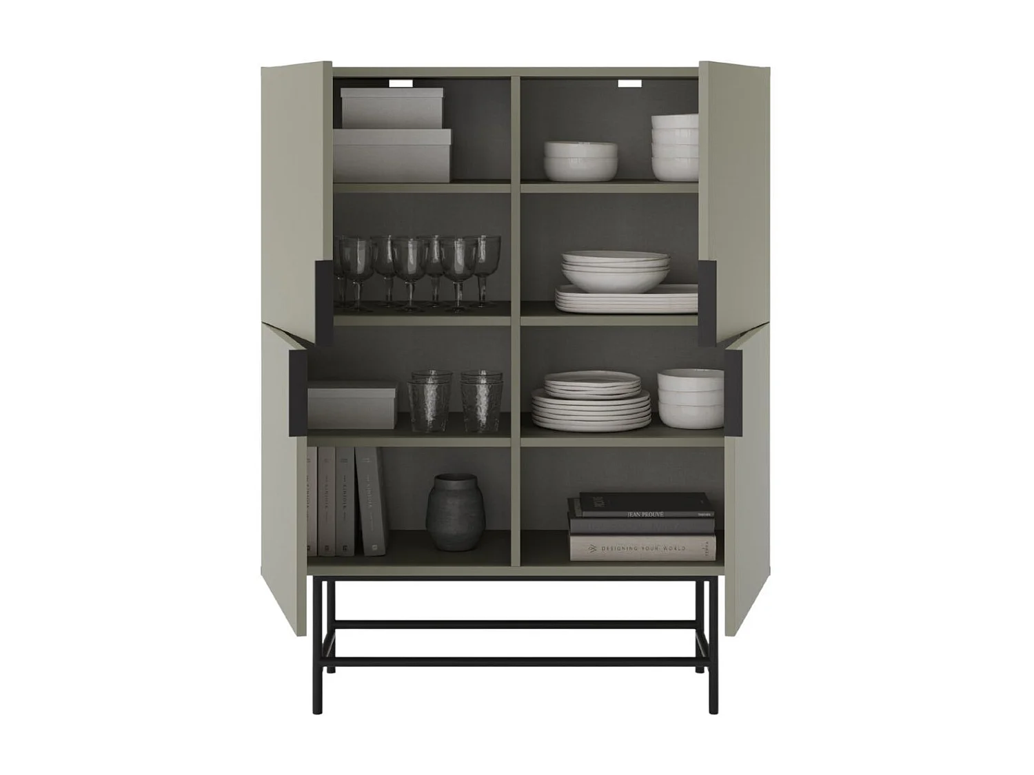 Meuble de rangement 4 portes en mélaminé vert kaki et piètement et poignées en métal laqué noir - ALDINE