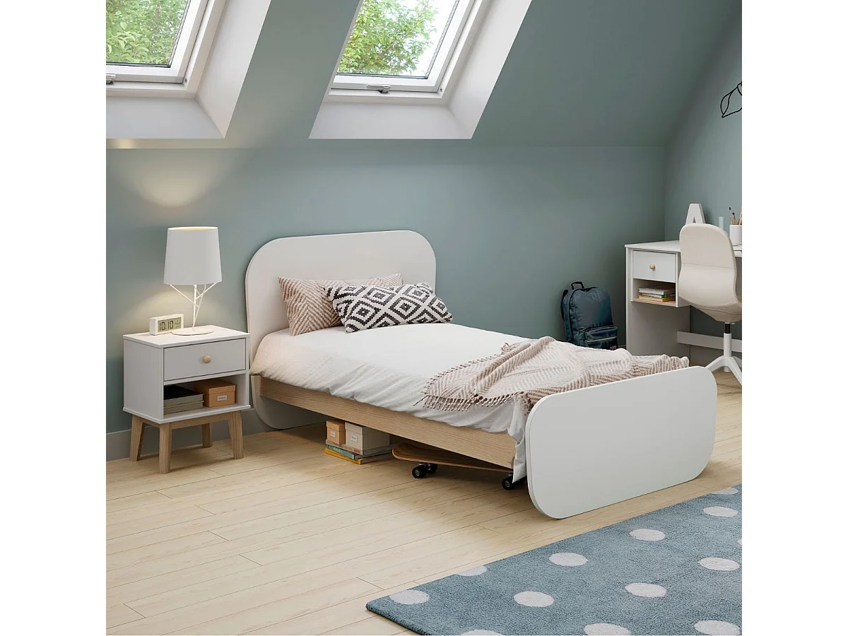 Lit 90x190 tête et pied de lit arrondis en pin massif naturel et MDF laqué blanc - KAINA