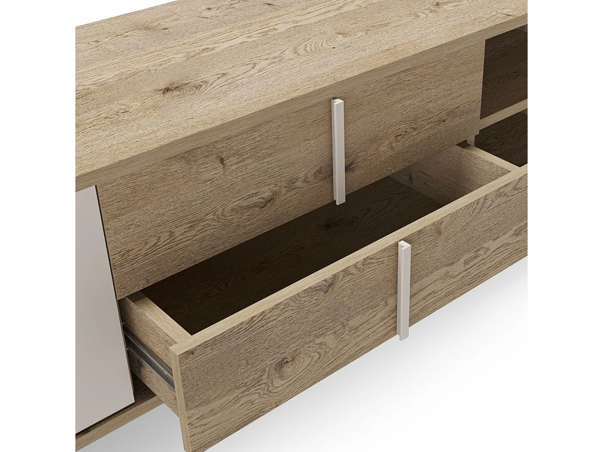 Meuble TV 2P 2T et 2 niches en mélaminé imitation bois et beige piètement et poignées métal - MYRINE