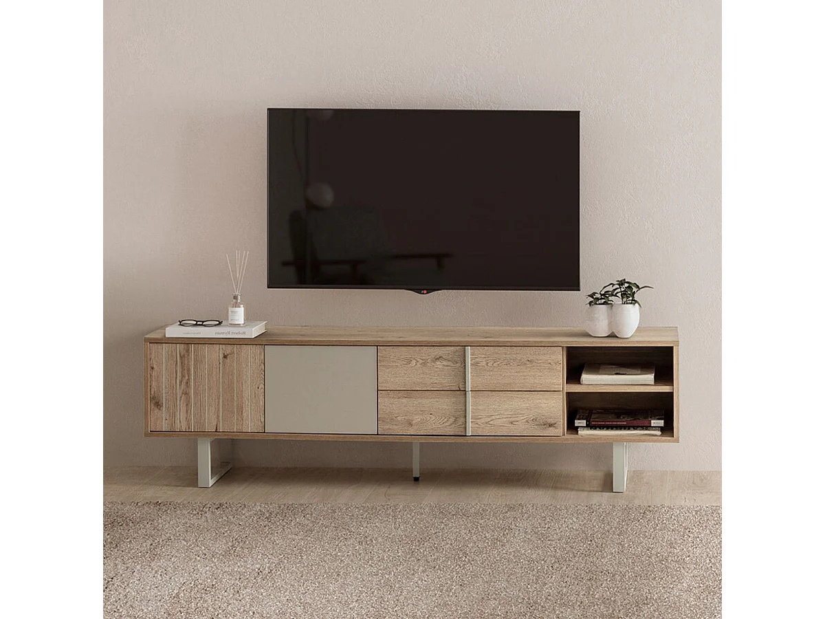 Meuble TV 2P 2T et 2 niches en mélaminé imitation bois et beige piètement et poignées métal - MYRINE