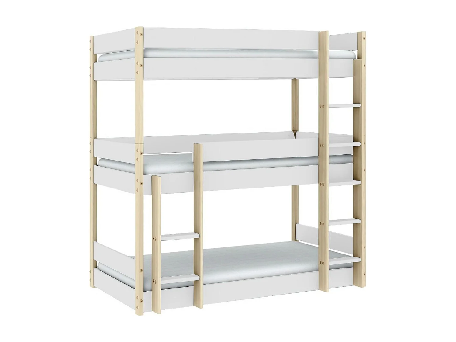 Lit superposé 3 couchages 90x190 en MDF laqué blanc et pin naturel - SOMIS