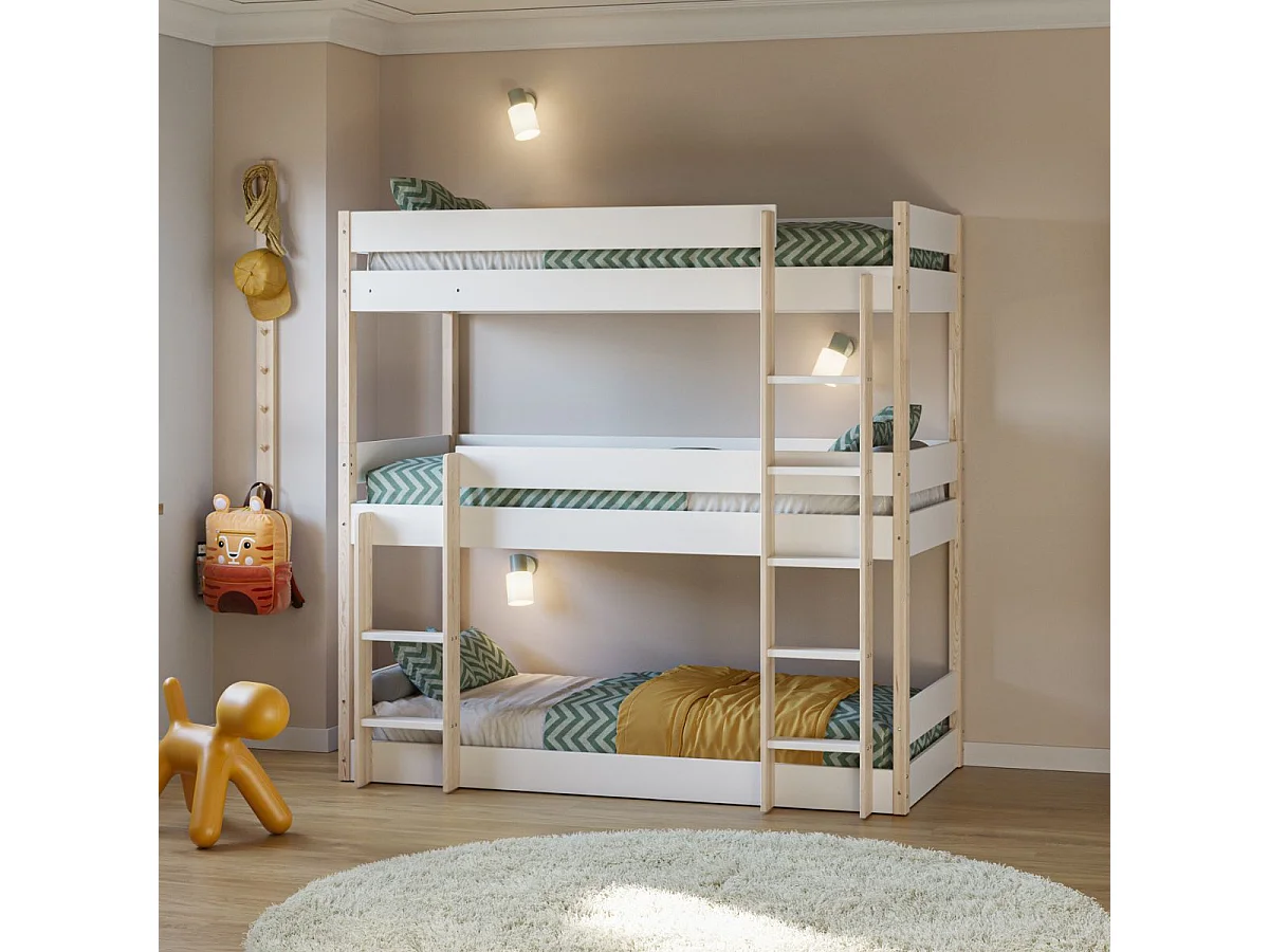 Lit superposé 3 couchages 90x190 en MDF laqué blanc et pin naturel - SOMIS