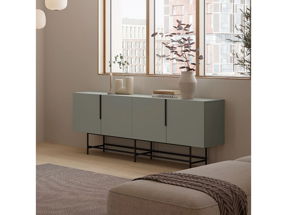 Buffet 4 portes en mélaminé vert kaki et piètement et poignées en métal laqué noir - ALDINE