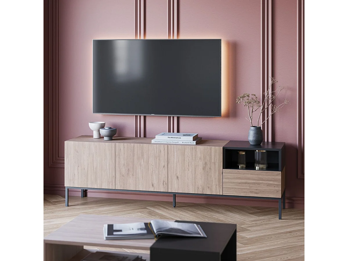 Meuble TV 3 portes en mélaminé mélaminé imitation bois et noir piètement métal laqué noir - CALLAS