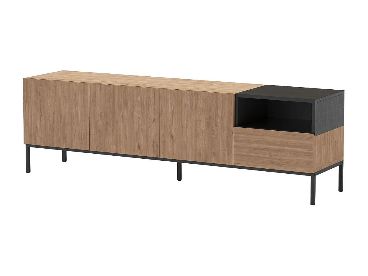Meuble TV 3 portes en mélaminé mélaminé imitation bois et noir piètement métal laqué noir - CALLAS