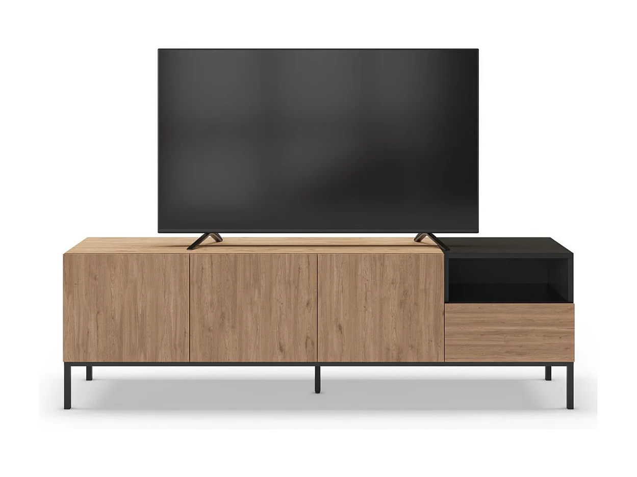 Meuble TV 3 portes en mélaminé mélaminé imitation bois et noir piètement métal laqué noir - CALLAS