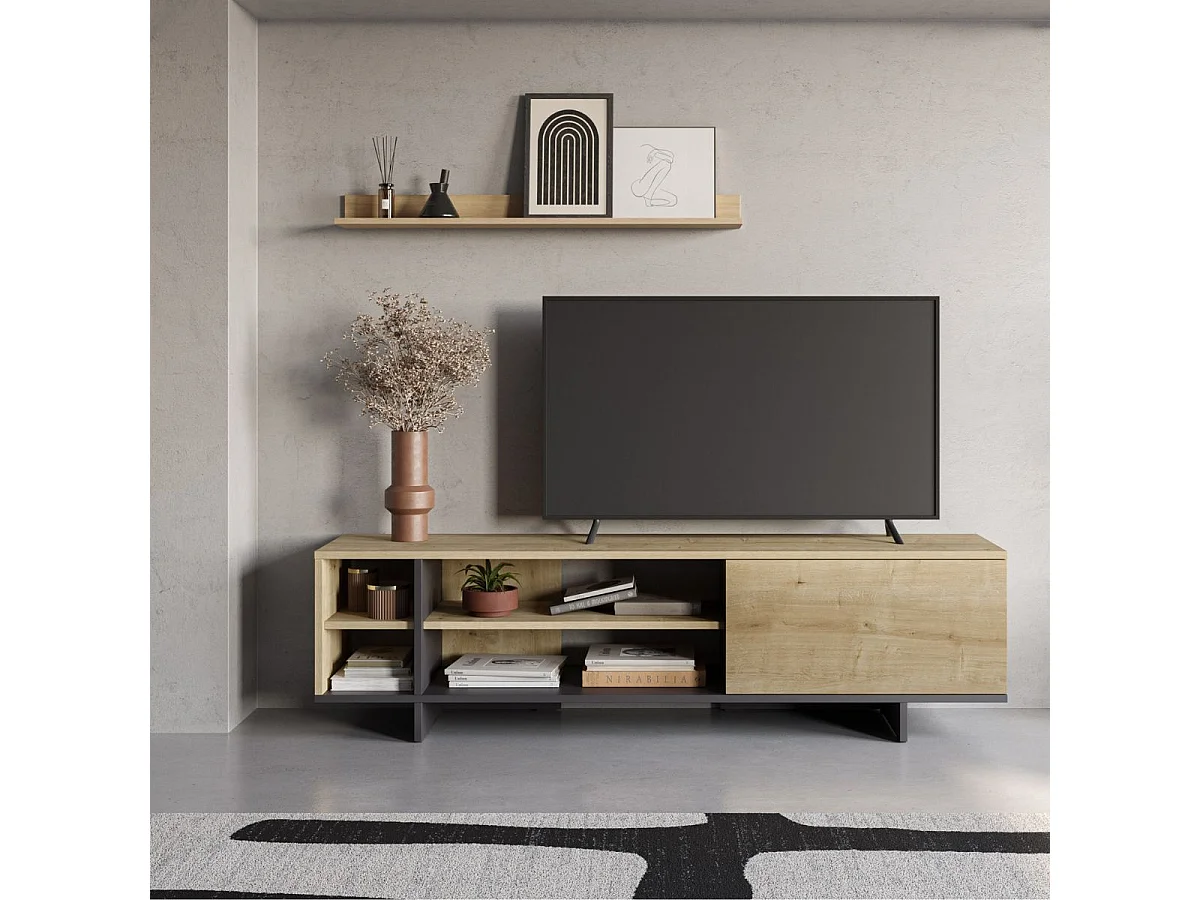 Meuble TV 1 portes 4 niches en mélaminé imitation bois et noir - ESQUISSE