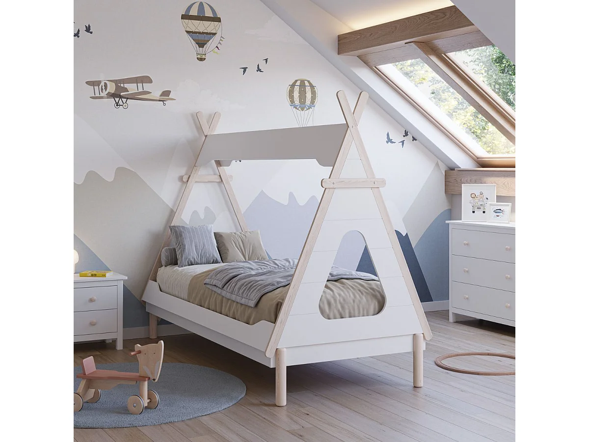 Lit tipi 90x190 en MDF et pin massif laqué blanc et ciré naturel - NOLIAN