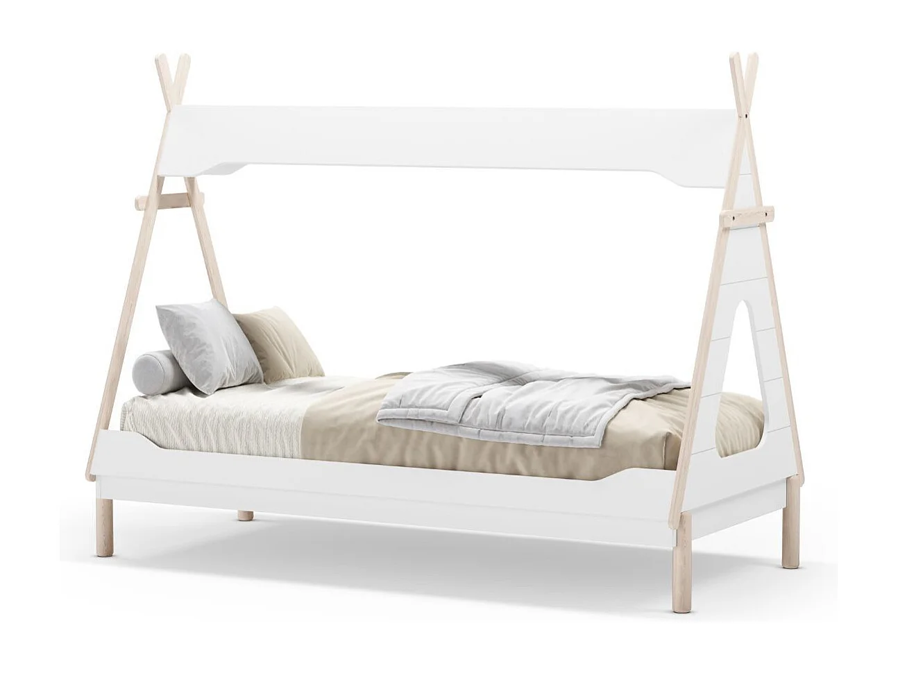 Lit tipi 90x190 en MDF et pin massif laqué blanc et ciré naturel - NOLIAN