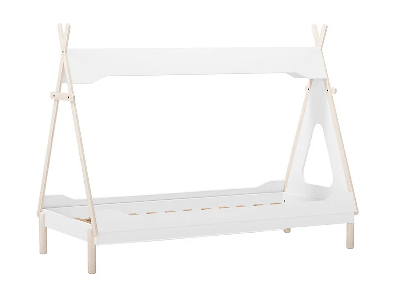 Lit tipi 90x190 en MDF et pin massif laqué blanc et ciré naturel - NOLIAN