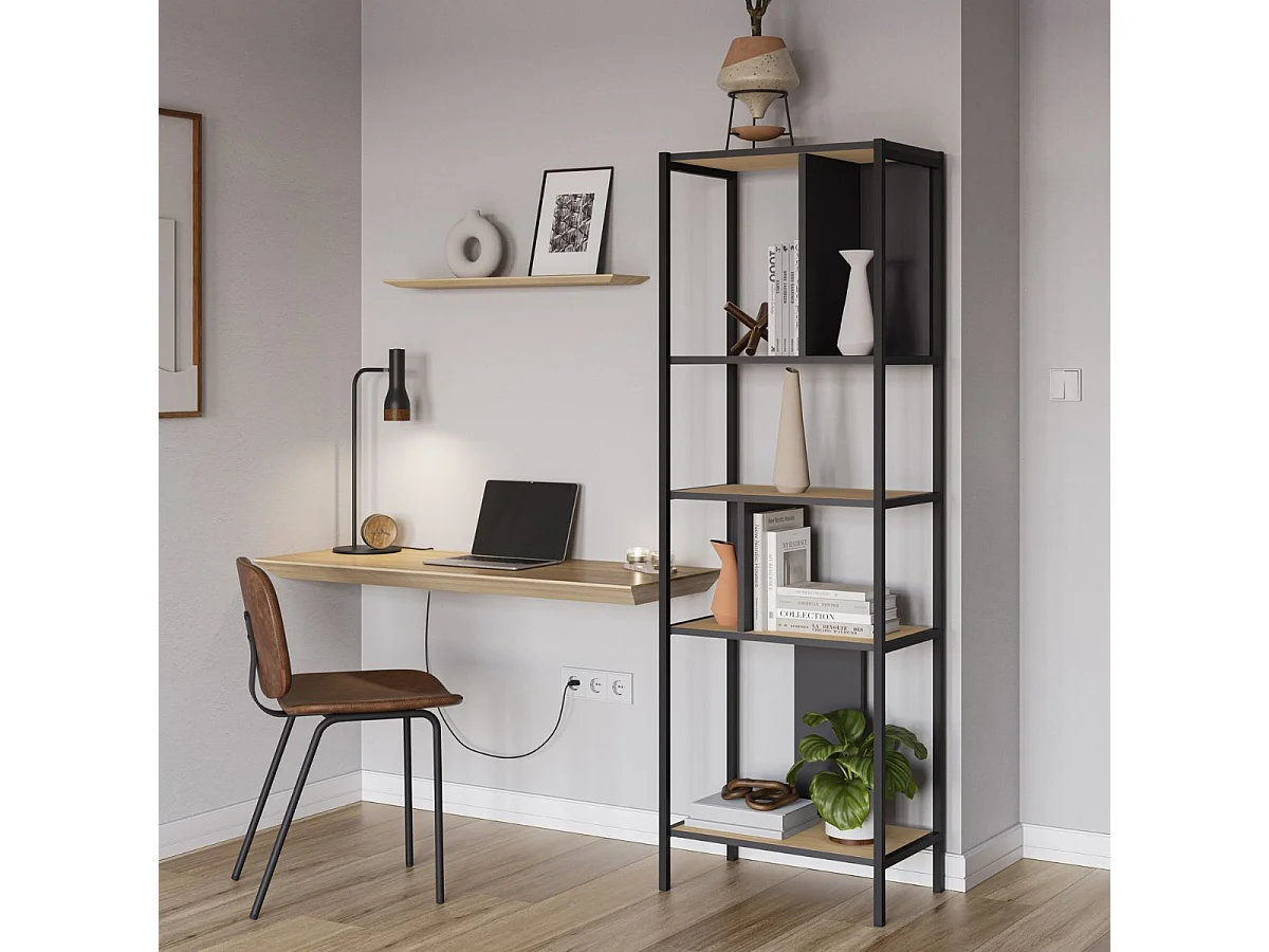 Etagère graphique 4 niveaux 58cm en mélaminé imitation bois et structure en métal laqué noir - ANTHEA