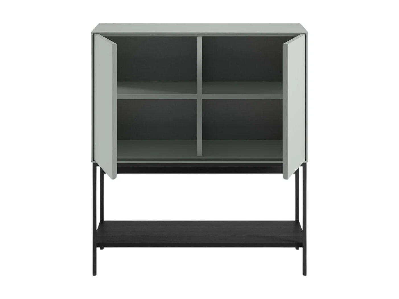 Meuble d'appoint 2 portes en mélaminé vert sauge et piètement avec étagère en métal laqué noir - MIRINA