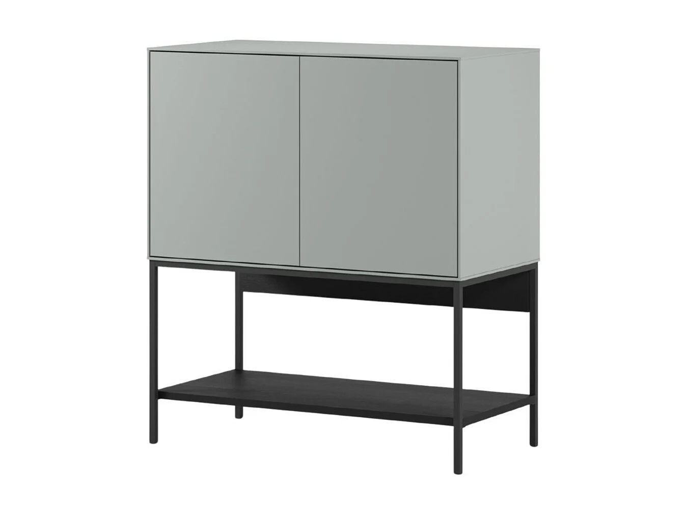 Meuble d'appoint 2 portes en mélaminé vert sauge et piètement avec étagère en métal laqué noir - MIRINA