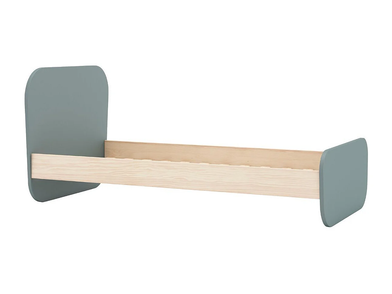 Lit 90x190 tête et pied de lit arrondis en pin massif naturel et MDF laqué vert kaki  - KAINA