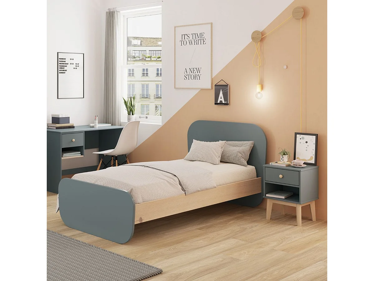 Lit 90x190 tête et pied de lit arrondis en pin massif naturel et MDF laqué vert kaki  - KAINA