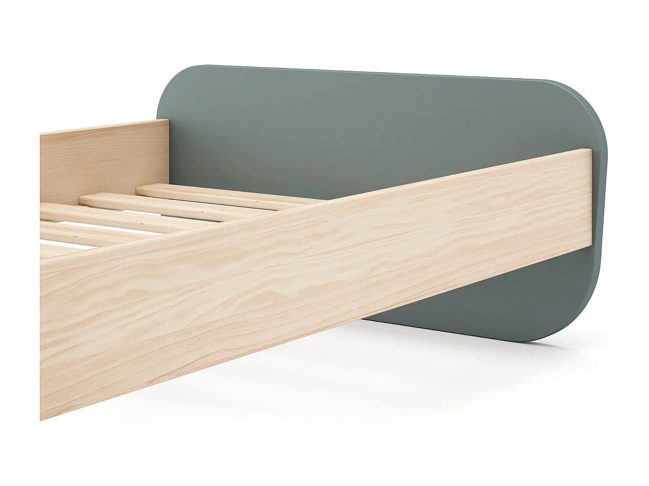 Lit 90x190 tête et pied de lit arrondis en pin massif naturel et MDF laqué vert kaki  - KAINA