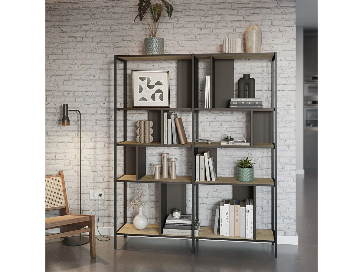 Etagère graphique 4 niveaux 144cm en mélaminé imitation bois et structure en métal laqué noir - ANTHEA