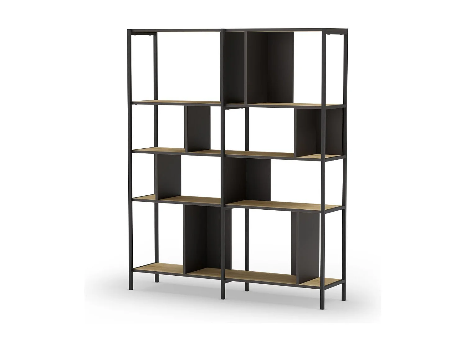 Etagère graphique 4 niveaux 144cm en mélaminé imitation bois et structure en métal laqué noir - ANTHEA