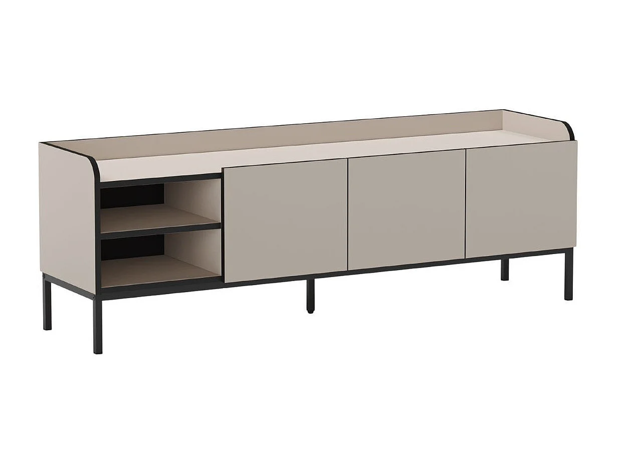 Meuble TV 3 portes 2 niches en mélaminé beige et noir pieds métal noir - AELIA