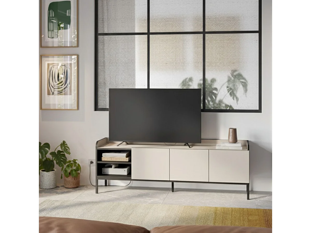 Meuble TV 3 portes 2 niches en mélaminé beige et noir pieds métal noir - AELIA