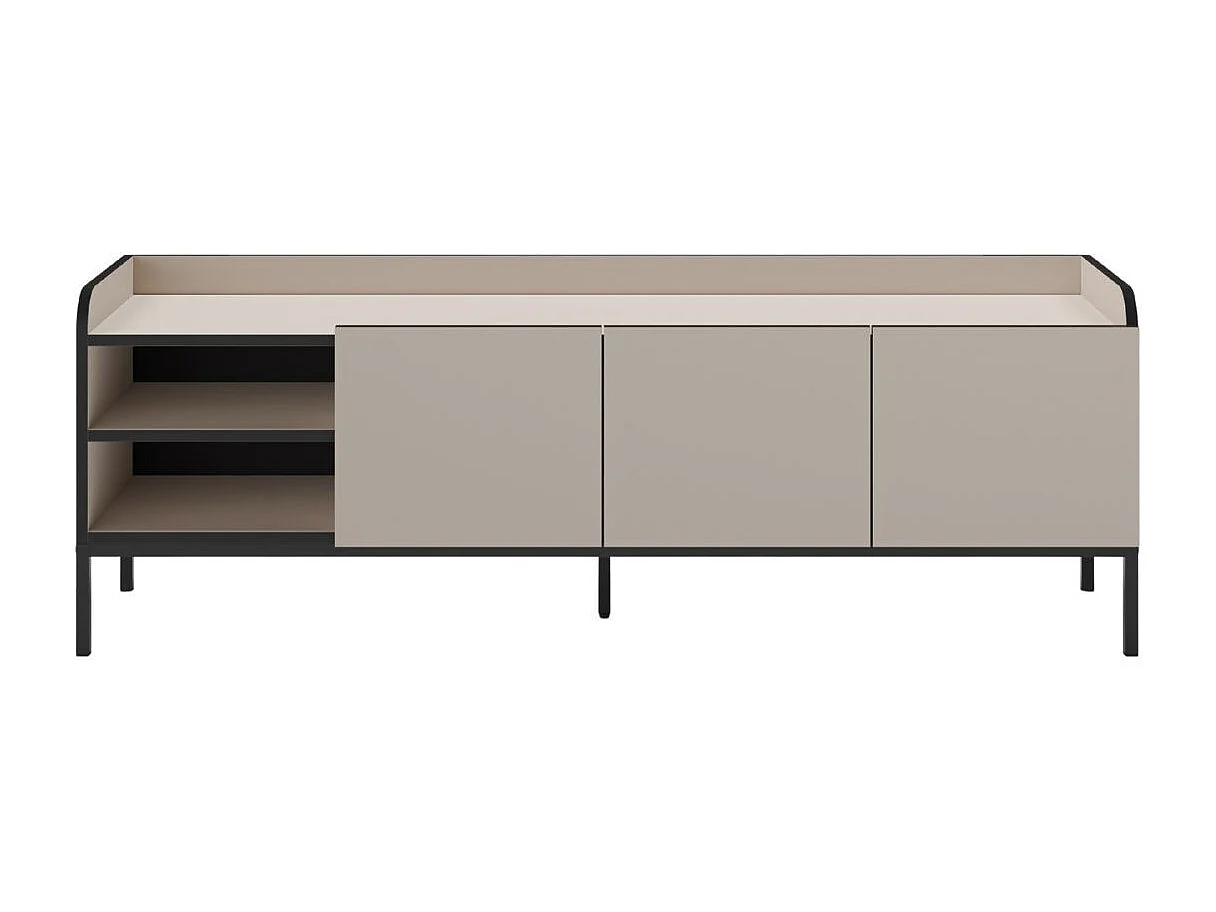 Meuble TV 3 portes 2 niches en mélaminé beige et noir pieds métal noir - AELIA