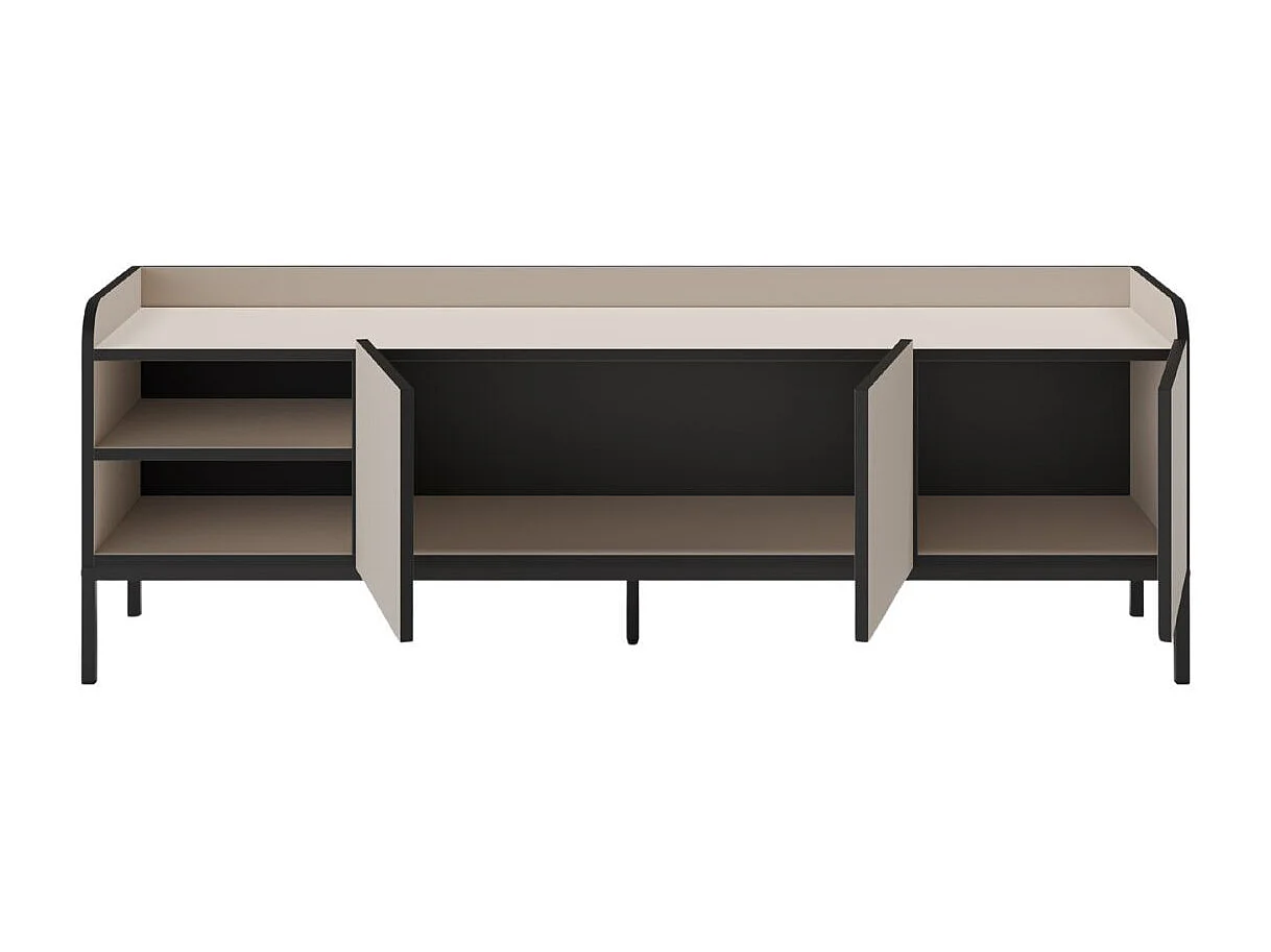 Meuble TV 3 portes 2 niches en mélaminé beige et noir pieds métal noir - AELIA