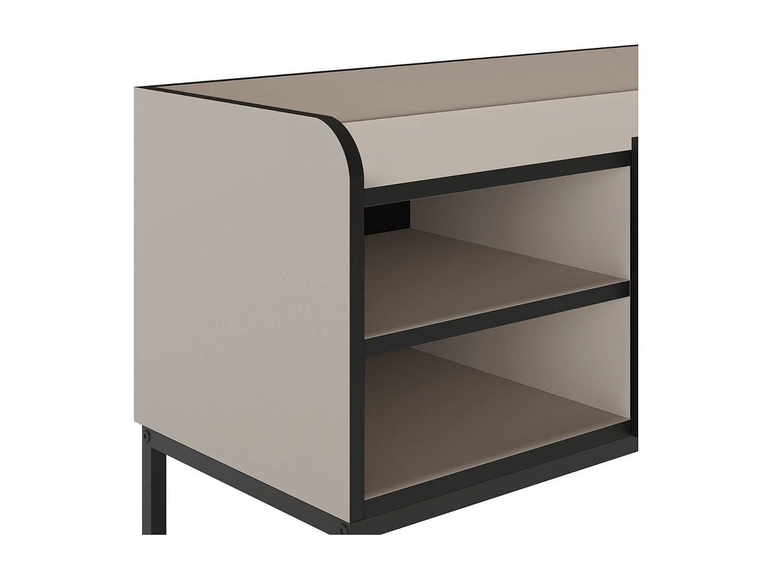 Meuble TV 3 portes 2 niches en mélaminé beige et noir pieds métal noir - AELIA