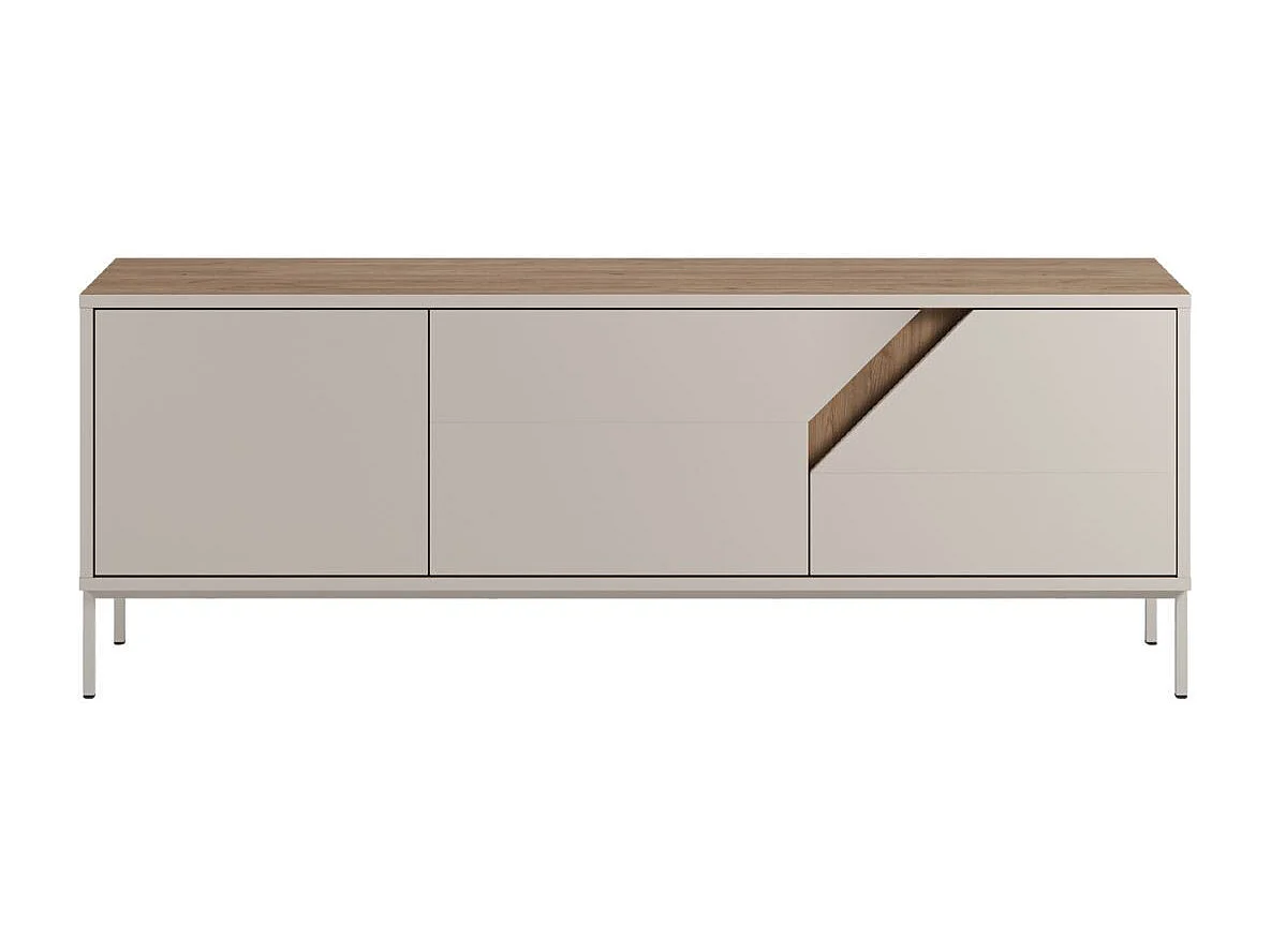 Meuble TV 3 portes 150cm en mélaminé beige et imitation bois avec découpe graphique oblique - ANOUK