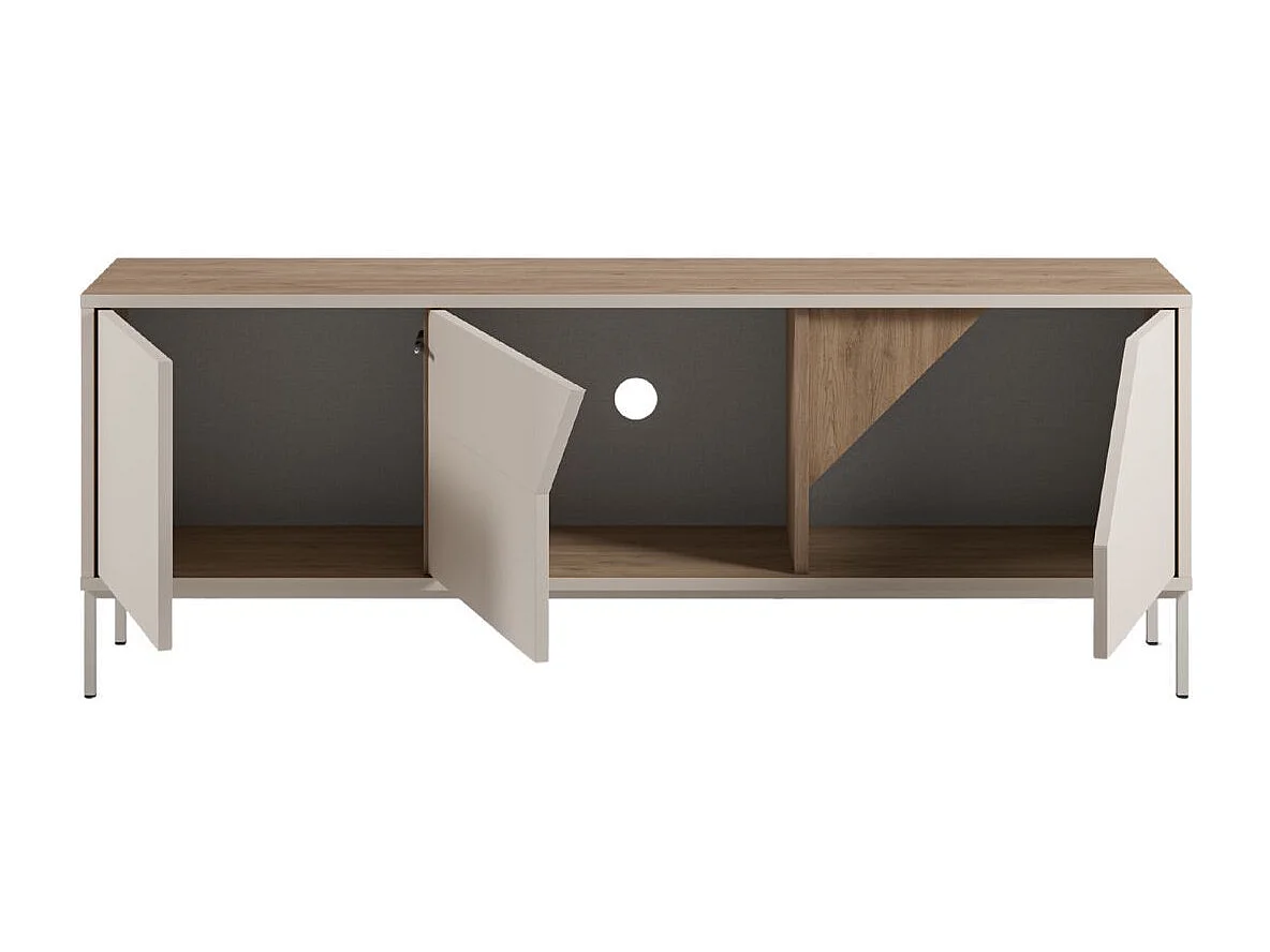 Meuble TV 3 portes 150cm en mélaminé beige et imitation bois avec découpe graphique oblique - ANOUK