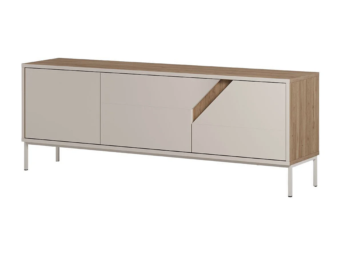 Meuble TV 3 portes 150cm en mélaminé beige et imitation bois avec découpe graphique oblique - ANOUK