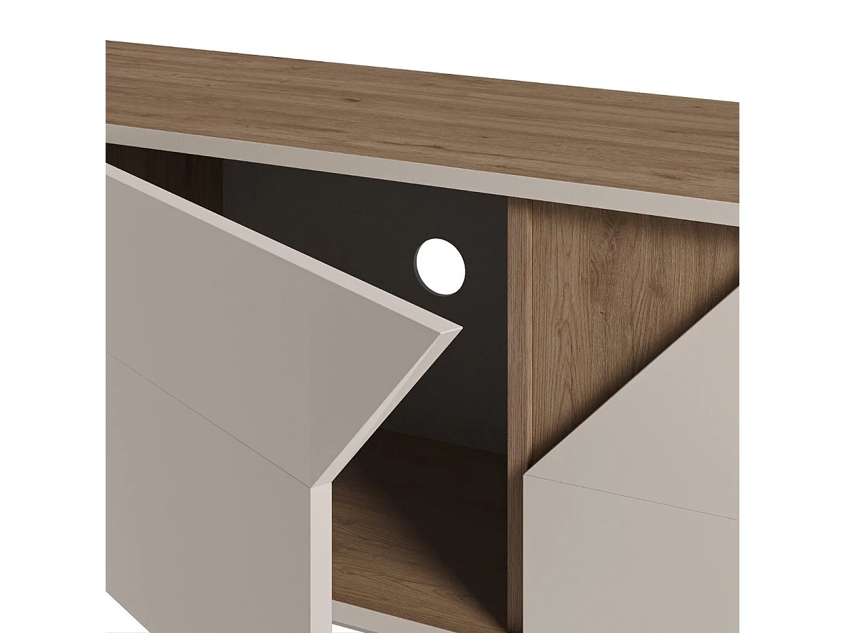 Meuble TV 3 portes 150cm en mélaminé beige et imitation bois avec découpe graphique oblique - ANOUK