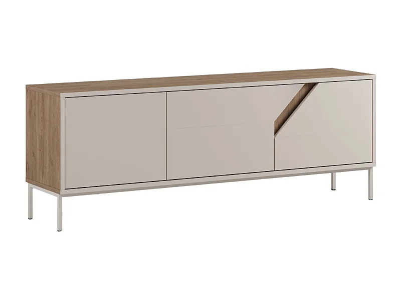 Meuble TV 3 portes 150cm en mélaminé beige et imitation bois avec découpe graphique oblique - ANOUK