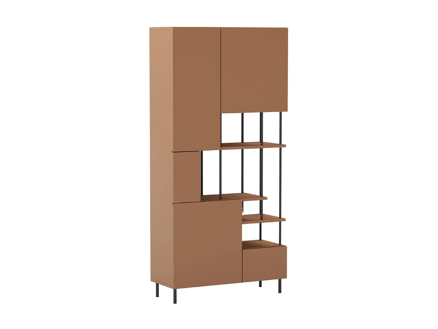 Etagère graphique et asymétrique semi-ouverte 5 portes en mélaminé terracotta et métal noir - MANEL