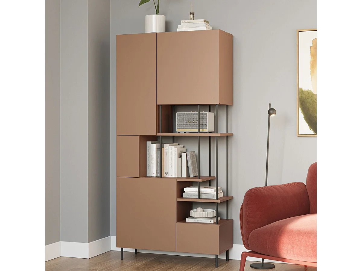 Etagère graphique et asymétrique semi-ouverte 5 portes en mélaminé terracotta et métal noir - MANEL