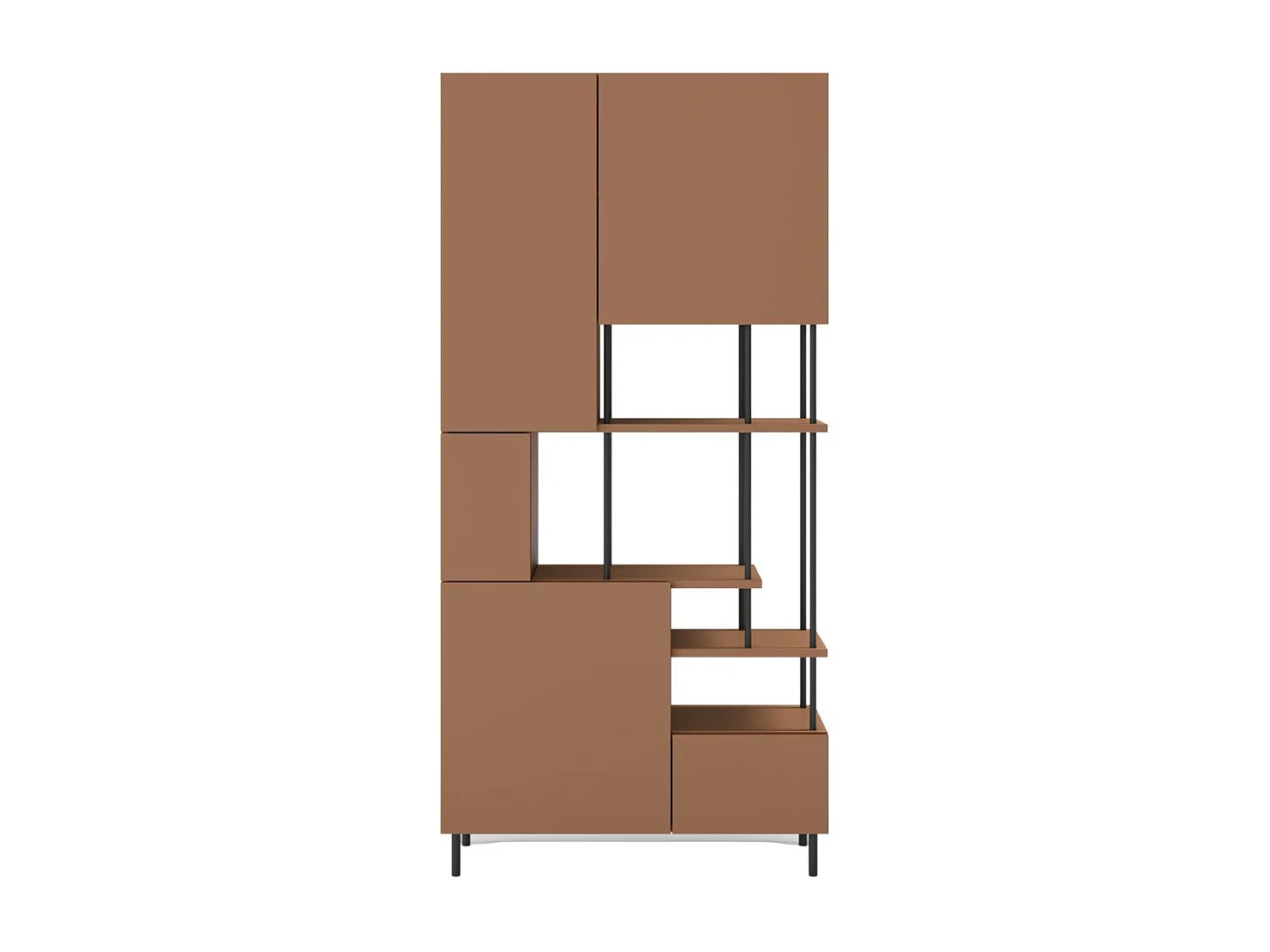 Etagère graphique et asymétrique semi-ouverte 5 portes en mélaminé terracotta et métal noir - MANEL