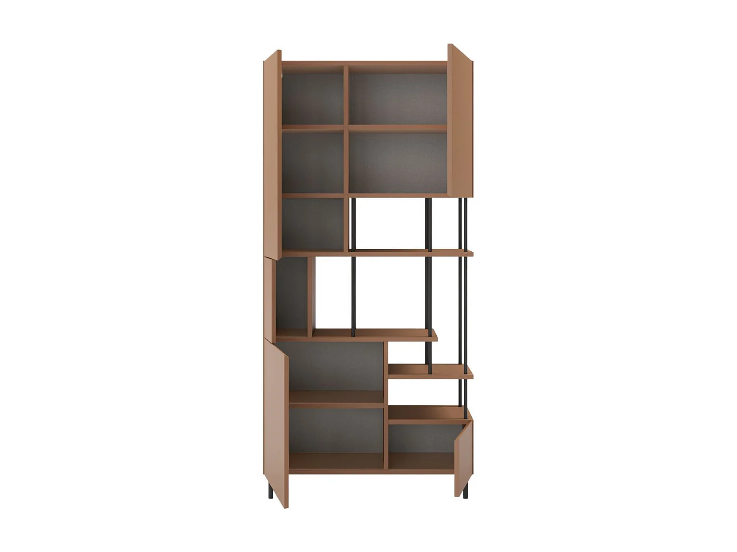 Etagère graphique et asymétrique semi-ouverte 5 portes en mélaminé terracotta et métal noir - MANEL